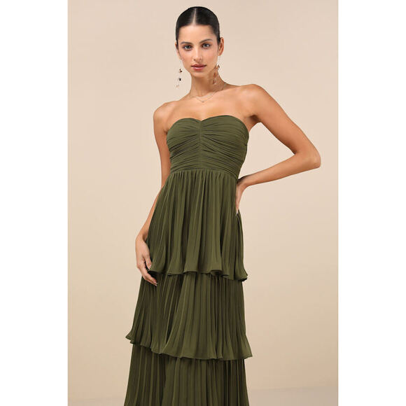 Lulus Dresses & Skirts - Lulus Seriously Sensational Olive Green Strapless Tiered Maxi Dress - Size L